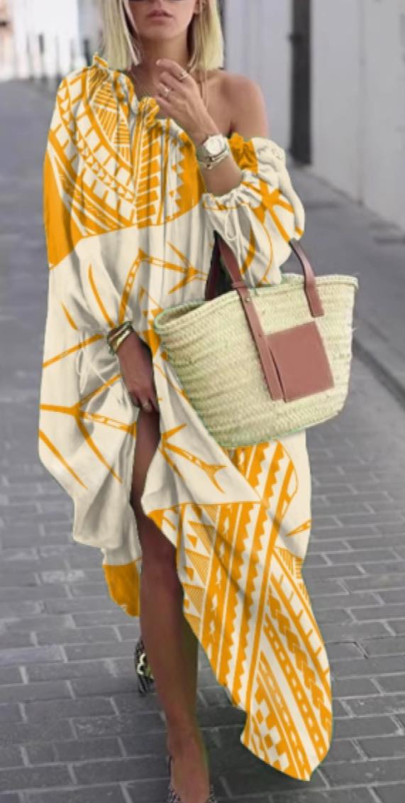 Hailama Signature Print Kukui Nut On/Off Shoulder Dress with Tie Belt