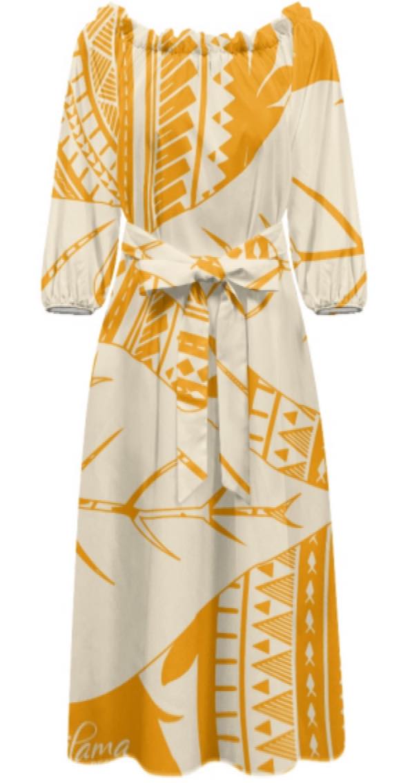 Hailama Signature Print Kukui Nut On/Off Shoulder Dress with Tie Belt